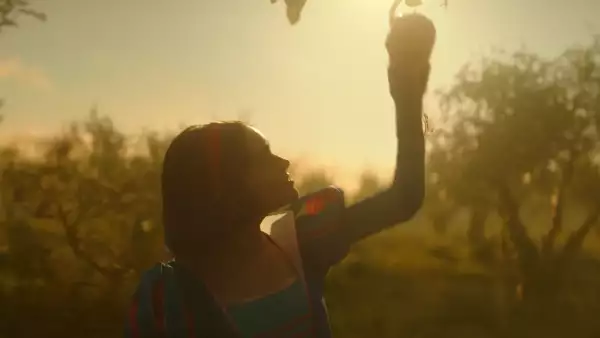 foto de una escena del live action de Blancanieves con Rachel Zegler a contraluz cortando una manzana de un árbol.
