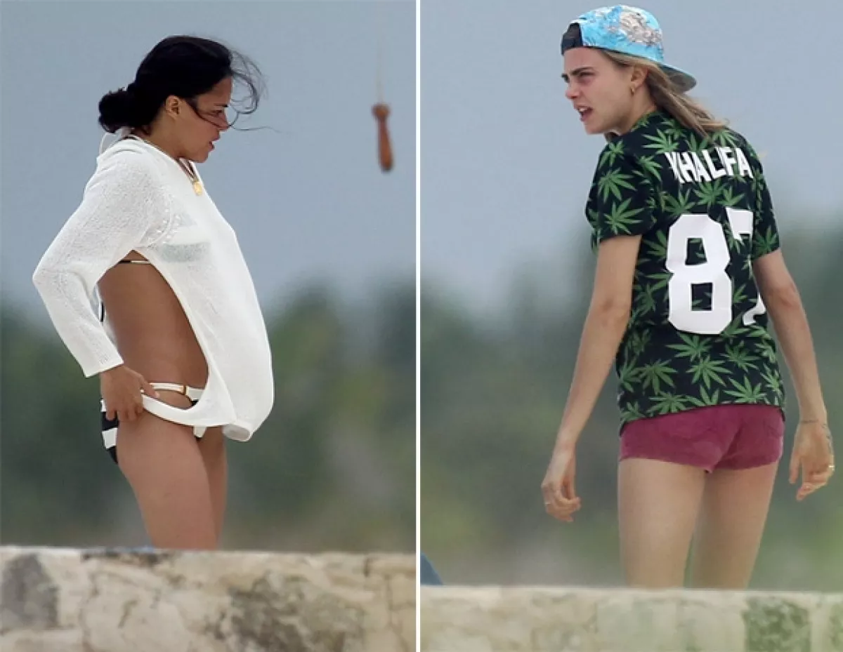 La actriz lució su cuerpo en un bikini, mientras que la modelo prefirió una playera y shorts.