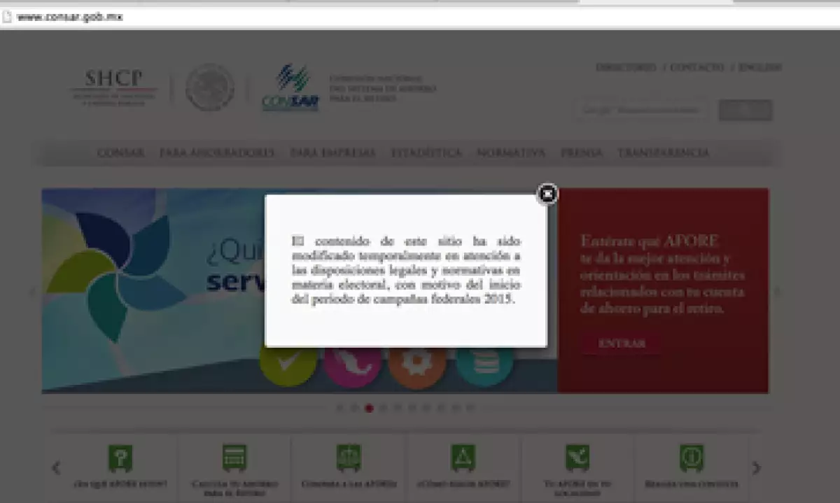 La Consar no modificará los contenidos de su página de internet pese a la disposición del INE.(Foto: Tomada de Consar )