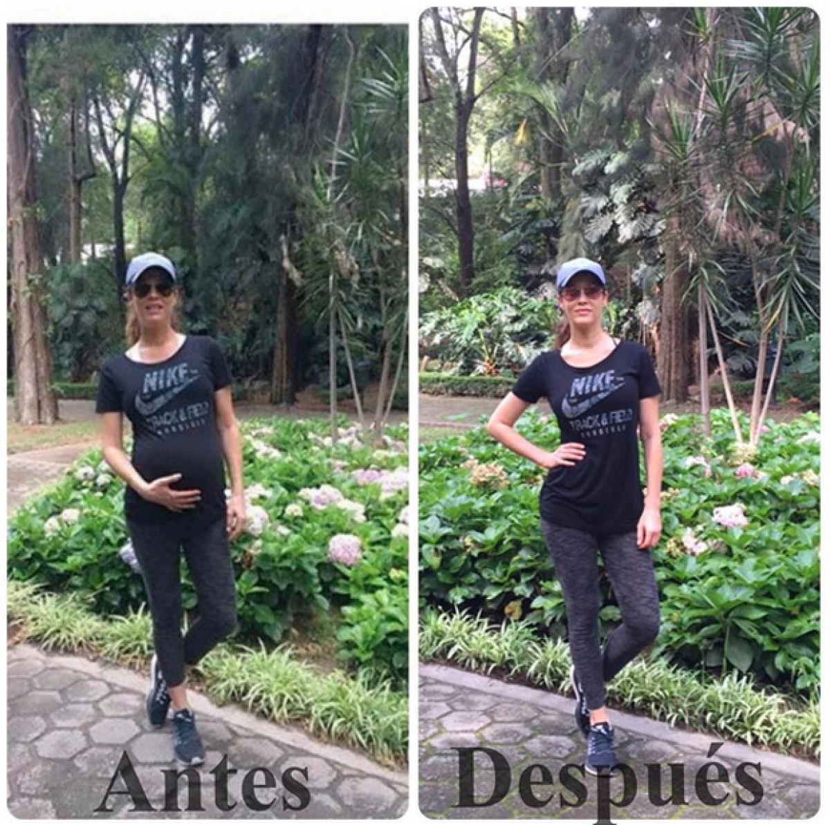 La modelo publicó una foto en la que sale con el mismo outfit y en el mismo lugar, la diferencia es que una fue tomada cuando tenía ocho meses de embarazo y la otra es actual.