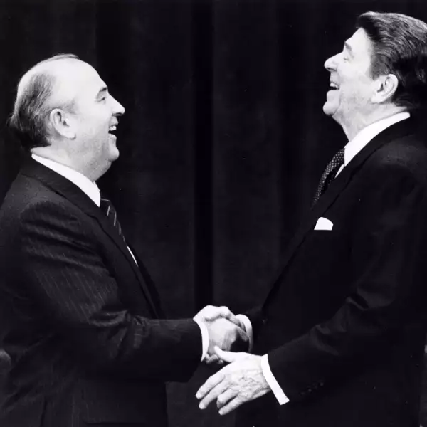 FILE PHOTO: Undated file photo of former U.S. President Ronald Reagan at his first meeting with former Soviet leader Mikhail Gorbachev in Geneva