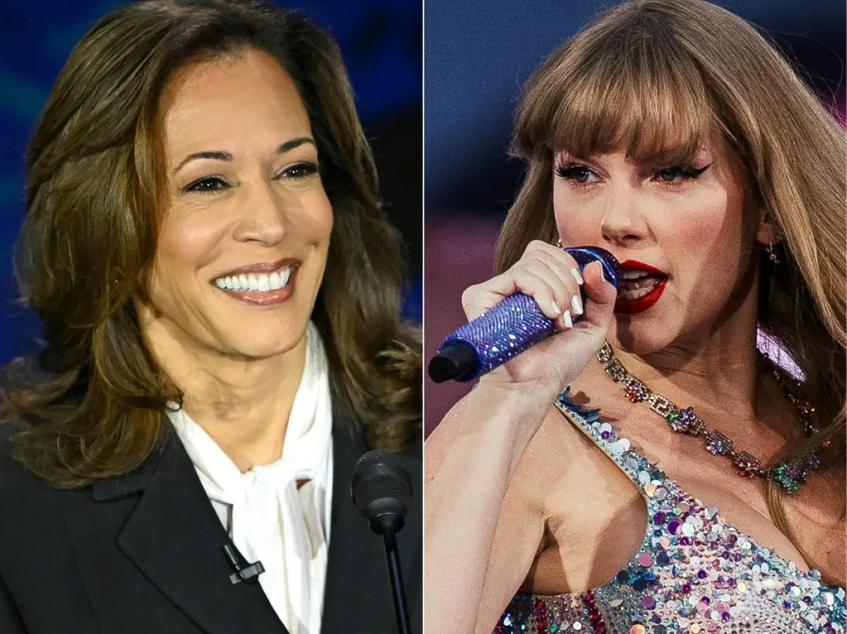 Esta combinación de imágenes creadas el 10 de septiembre de 2024 muestra a la vicepresidenta de los Estados Unidos y candidata presidencial demócrata Kamala Harris sonríe durante un debate presidencial con el expresidente de los Estados Unidos y candidato presidencial republicano Donald Trump en el Centro Nacional de la Constitución en Filadelfia, Pensilvania, el 10 de septiembre de 2024.

La cantante y compositora estadounidense Taylor Swift actúa en el escenario como parte de su Eras Tour en Lisboa el 24 de mayo de 2024.