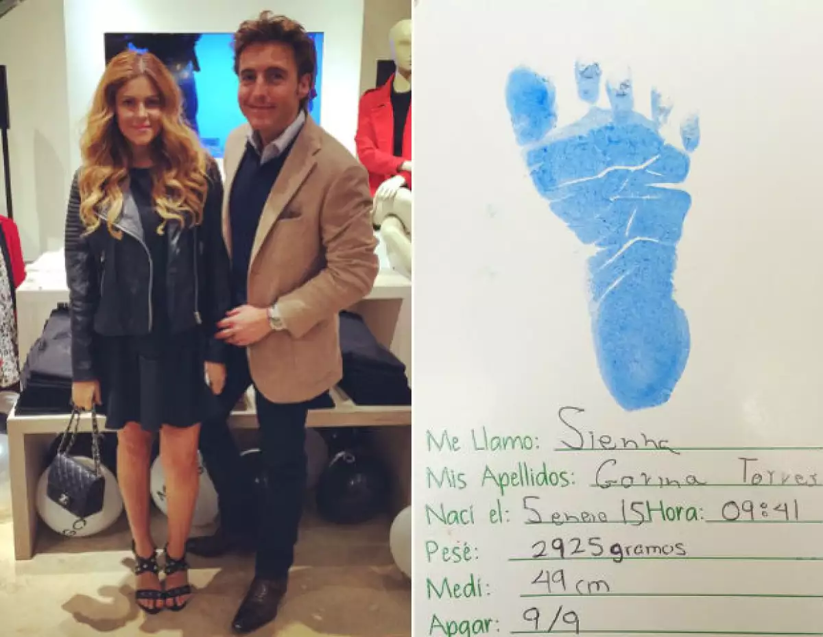 Los orgullosos papás y la huellita de Sienna en su día de nacida.