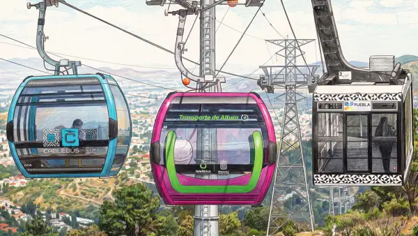 Fotoarte realizado con IA que muestra teleféricos de CDMX, Michoacán y Puebla.