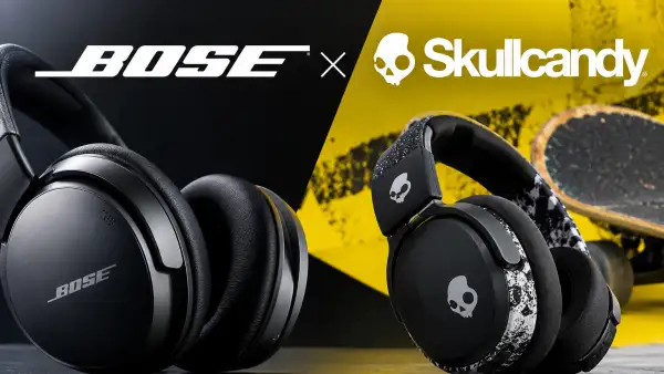 Ilustración de audífonos Bose y Skullcandy sobre un fondo negro y amarillo que representa la adquisición de Skullcandy por Bose.