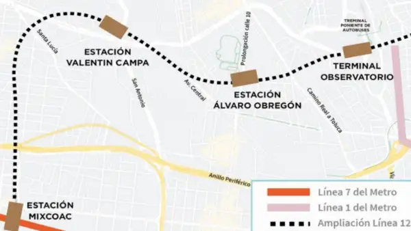 Mapa de la ampliación de la Línea 12 a Observatorio
