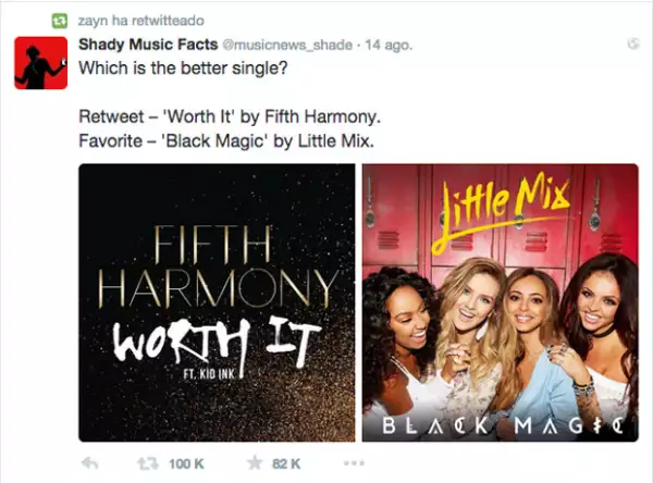 Con este tuit, Zayn mostró su favoritismo por la banda contrincante de Little Mix, agrupación de la que Perrie es miembro.