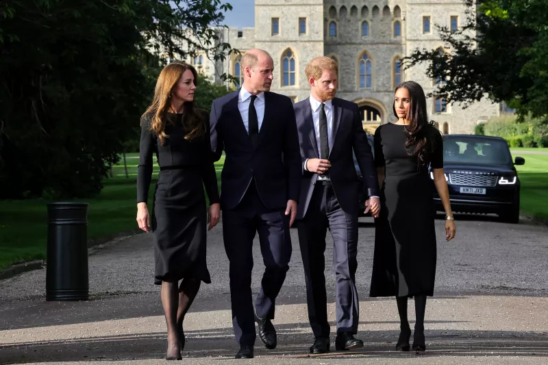 The Prince and Princess of Wales Accompanied By The Duke And Duchess Of Sussex Greet Wellwishers Outside Windsor Castle