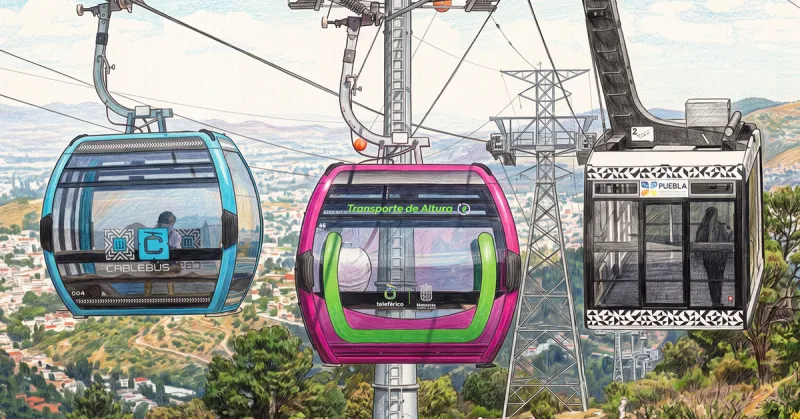 Fotoarte realizado con IA que muestra teleféricos de CDMX, Michoacán y Puebla.