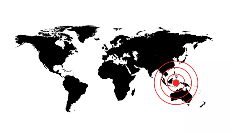Ocurrencia peligrosa en Indonesia. Ilustración del mapa del mundo con un cartel de accidente de círculo rojo