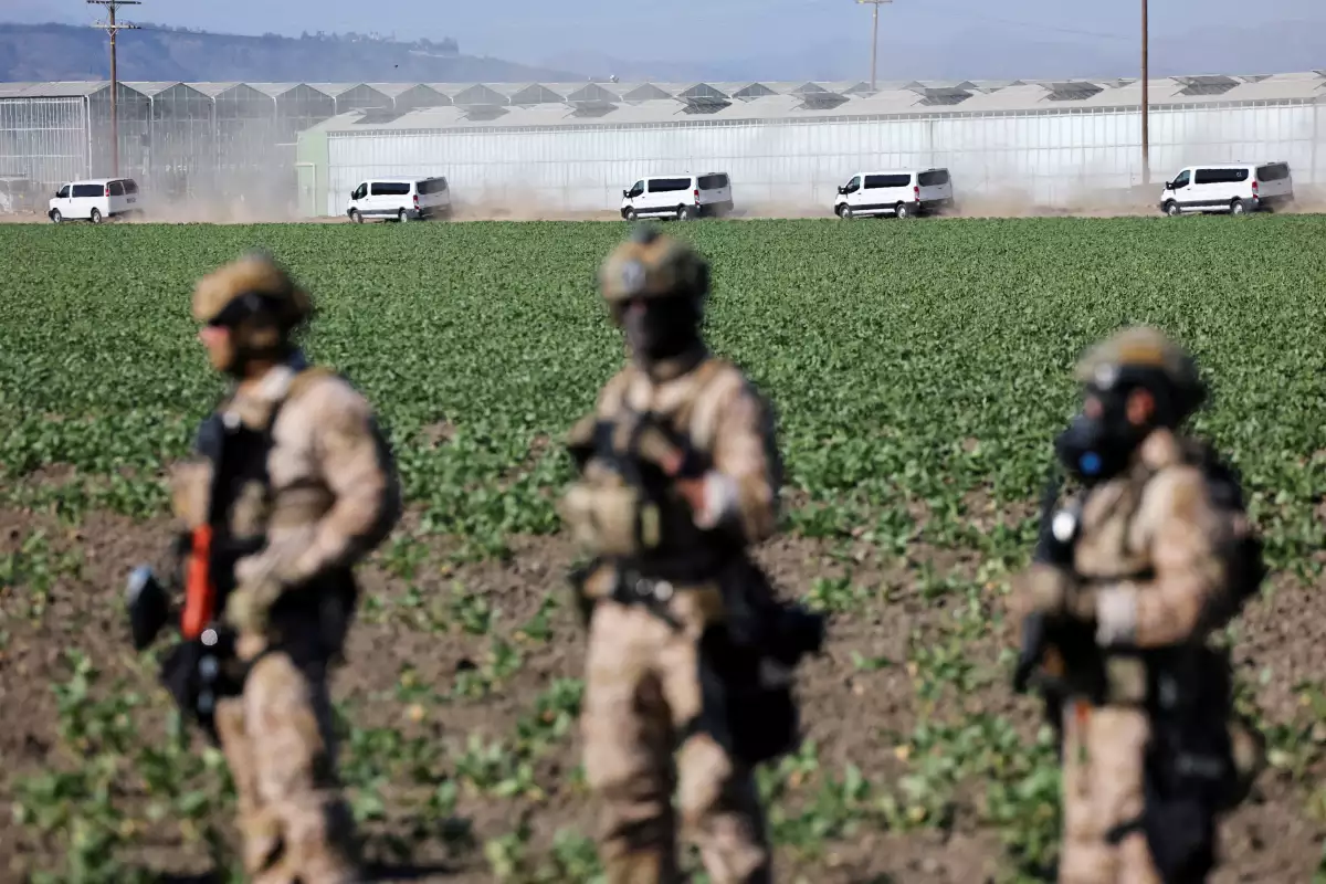 Las furgonetas salen de una instalación agrícola donde los agentes federales y los oficiales de inmigración de los Estados Unidos llevaron a cabo una operación, mientras los agentes federales de los Estados Unidos hacen guardia, en Camarillo, California, EE. UU., el 10 de julio de 2025. (Imagen principal del artículo web "Crisis migratoria global: países desarrollados cierran sus fronteras | Mapa")