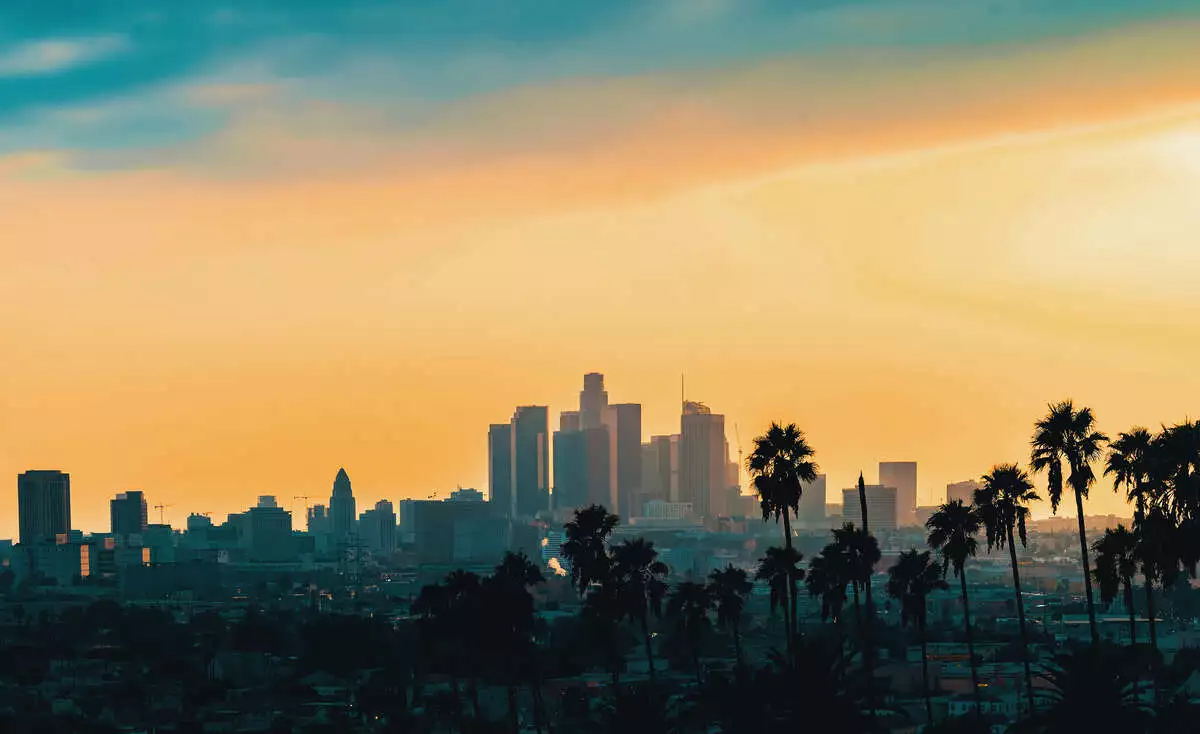 Downtown,Los,Angeles,Skyline,At,Sunset,With,Palm,Trees,In