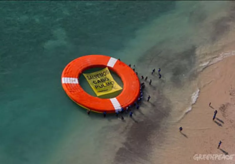 Greenpeace arrojó al mar un salvavidas gigante que fue fijado con un ancla, acción que pudo haber dañado el arrecife de Cabo Pulmo. (Foto: Cortesía Greenpeace)