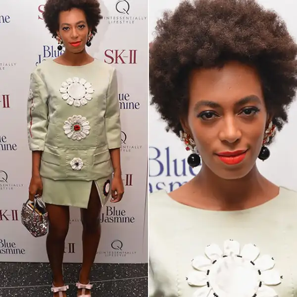 Premiere de `Blue Jasmine´ 2013: En Nueva York, la vimos con un look total de Prada spring 2013 para la ocasión. Una vez más llevó el pelo en un corto afro y labios extra rojos.