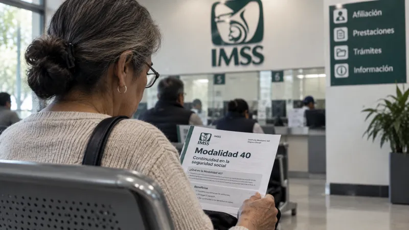 Imagen ilustrativa. Una mujer revisa un documento con la leyenda "Modalidad 40 IMSS" dentro de una oficina del IMSS, con el logotipo institucional visible al fondo.