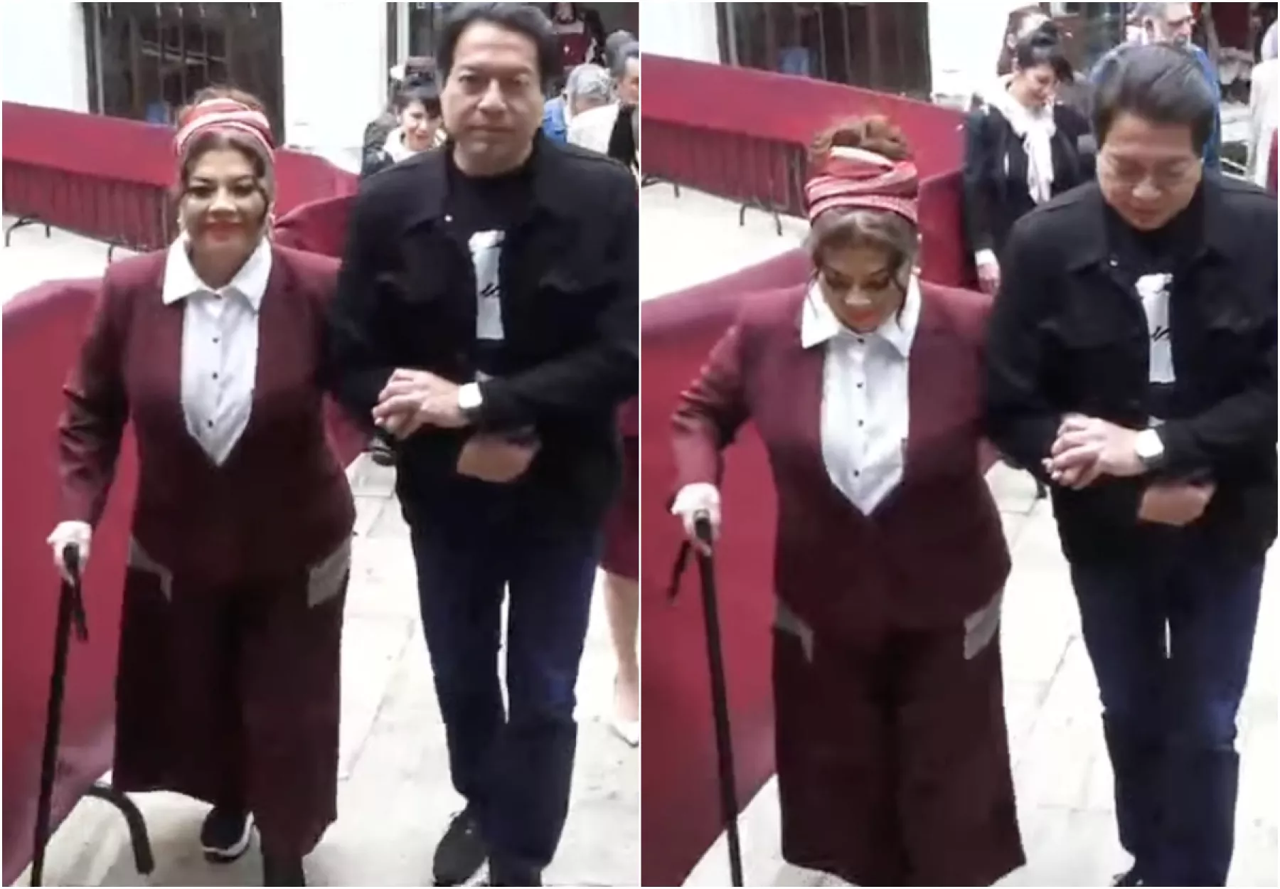 Clara Brugada llega a evento con bastón