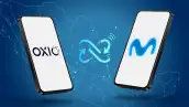 Dos celulares con los logos de OXIO y Movistar, con un fondo azul y un mapa de México.