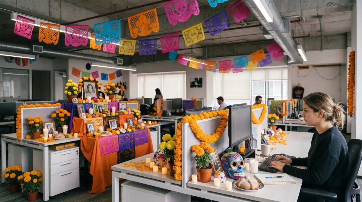 Una mujer joven sentada frente a un escritorio en una oficina, que está decorada con una ofrenda de día de muertos. 
