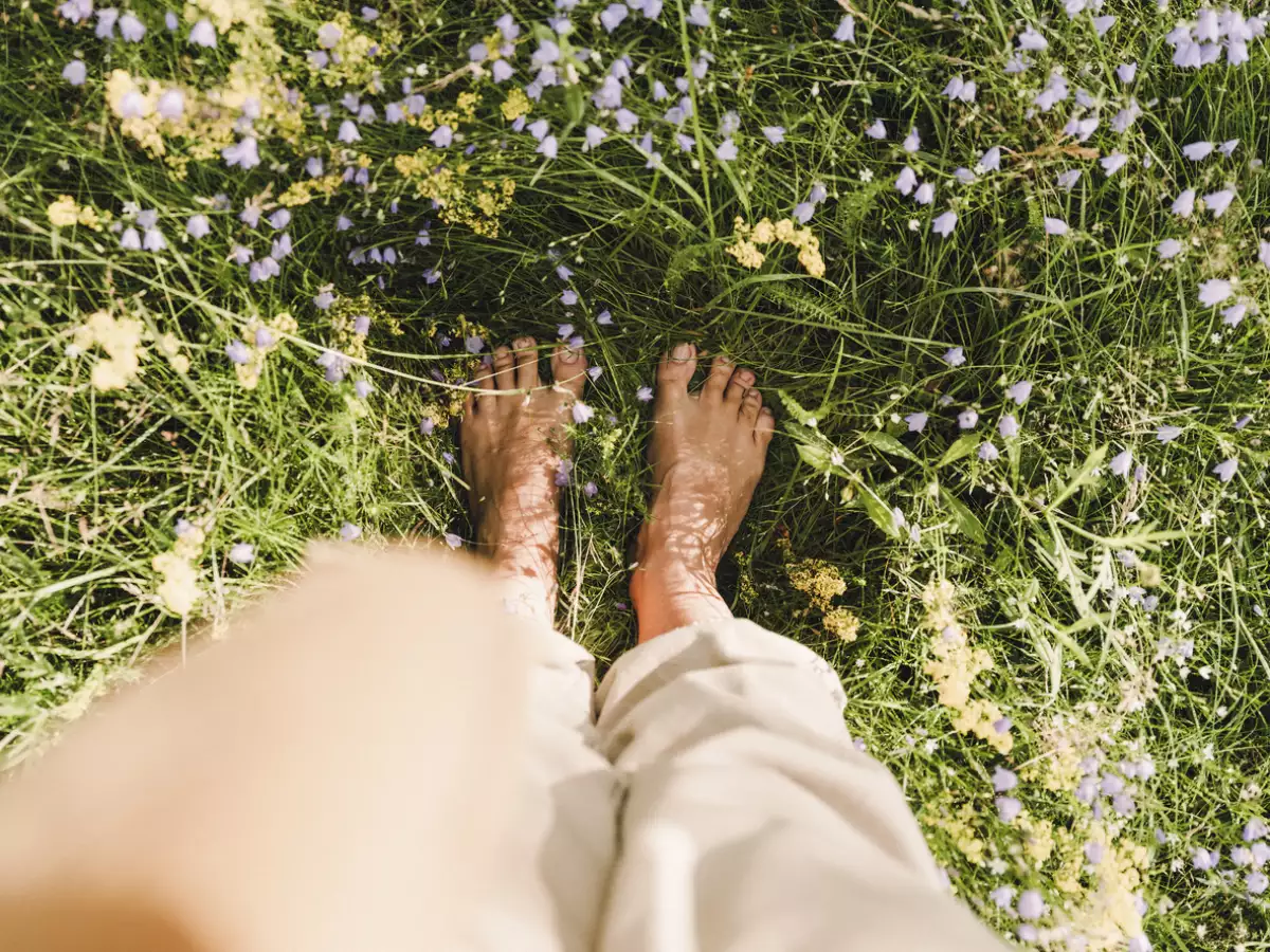 barefoot feet grounding in summer grass outdoors in nature