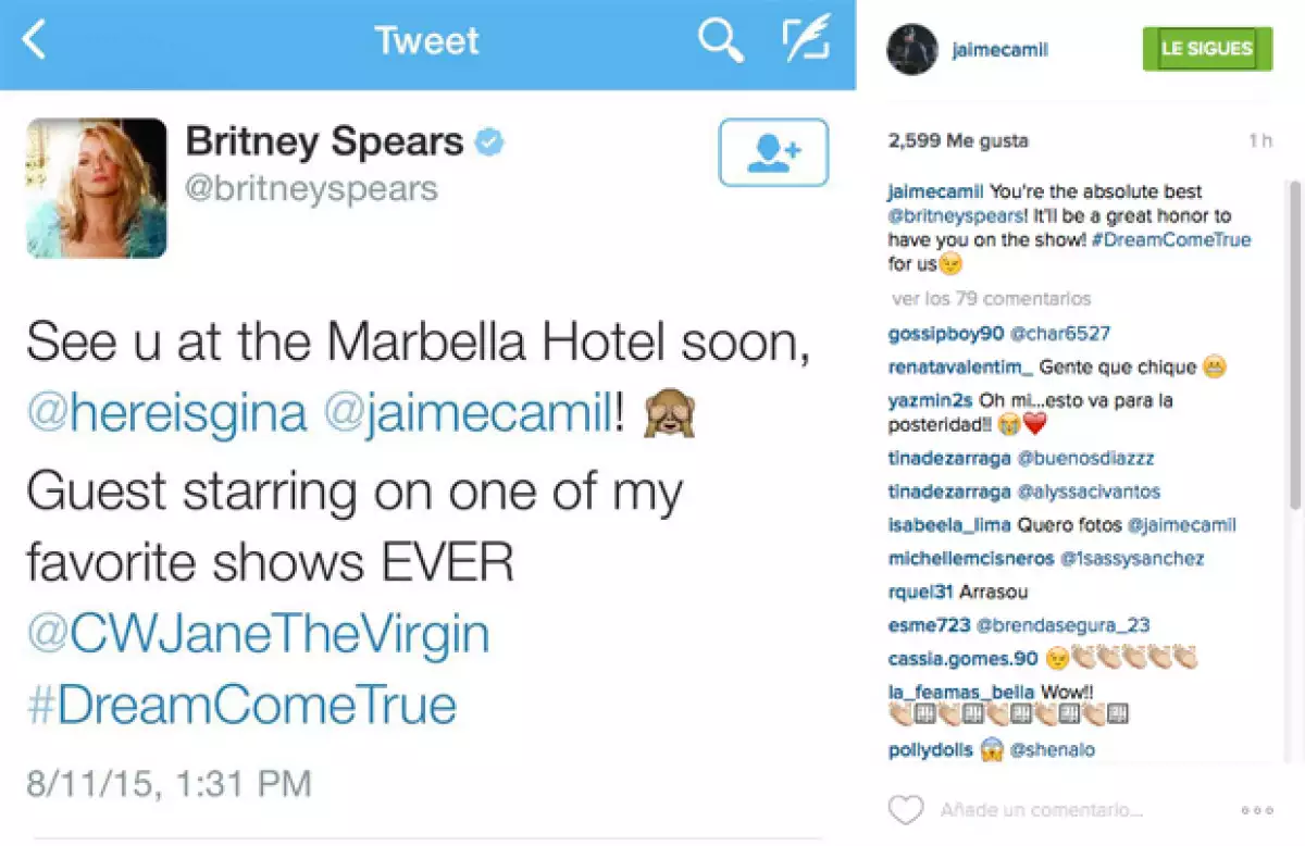 Britney Spears anunció su participación en la serie, mencionando a Jaime Camil, y él respondió en sus redes sociales.