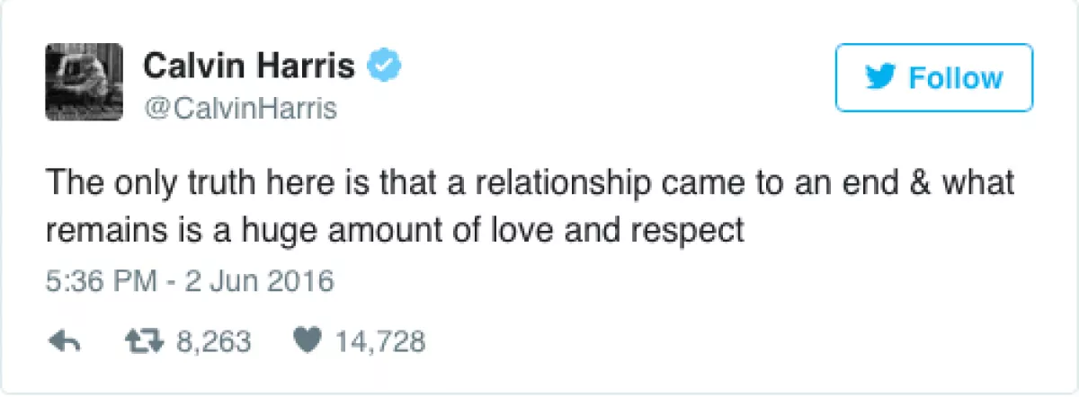 Este fue el tuit de Calvin sobre su ruptura con Taylor.