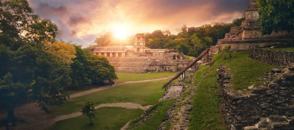 Panoramic view pyramid of Inscriptions and the Palace observatory. Mexico Tren Maya
