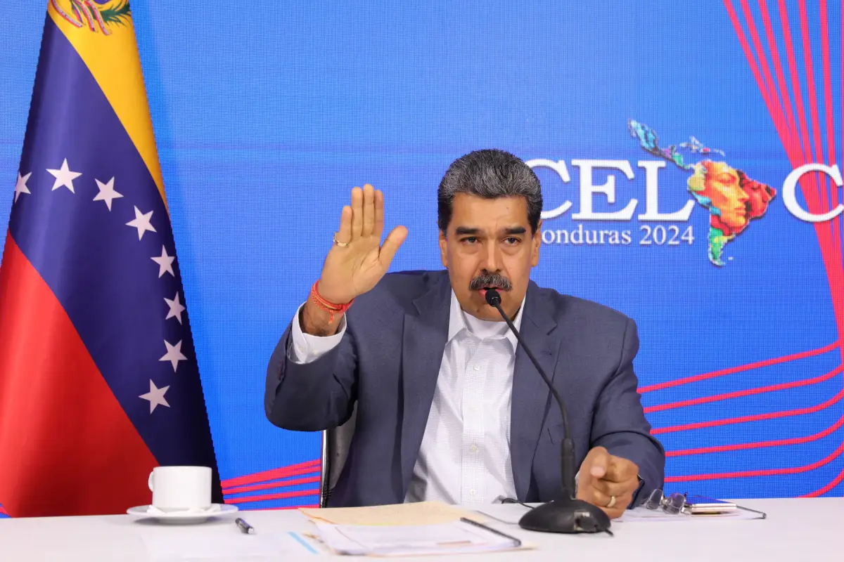 Venezuela's President Nicolas Maduro attends a virtual meeting of the Community of Latin American and Caribbean States (CELAC) Presidents in response to the police raid at the Mexican embassy in Quito, in Caracas, Venezuela, April 16, 2024.