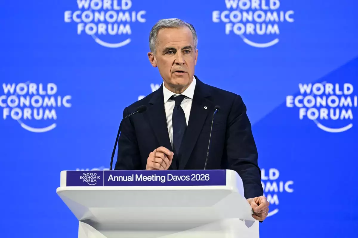 El primer ministro de Canadá, Mark Carney, pronuncia un discurso durante la reunión anual del Foro Económico Mundial (FEM) en Davos el 20 de enero de 2026.