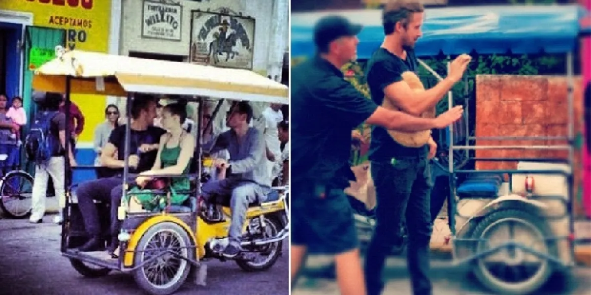 El actor se subió a uno de los clásicos triciclos junto a Michael Fassbender y Rooney Mara.