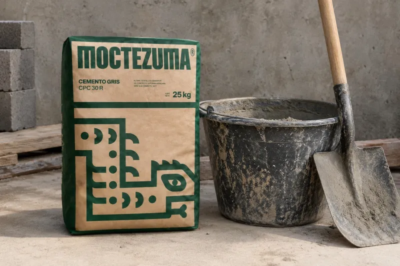 Bulto de cemento de la marca Moctezuma en una construcción, al lado se ve una cubeta con cemento y una pala. 