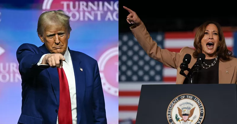 Se muestra una imágen dividida entre el candidato republicano a la presidencia Donald Trump y su homologa democráta, Kamala Harris.