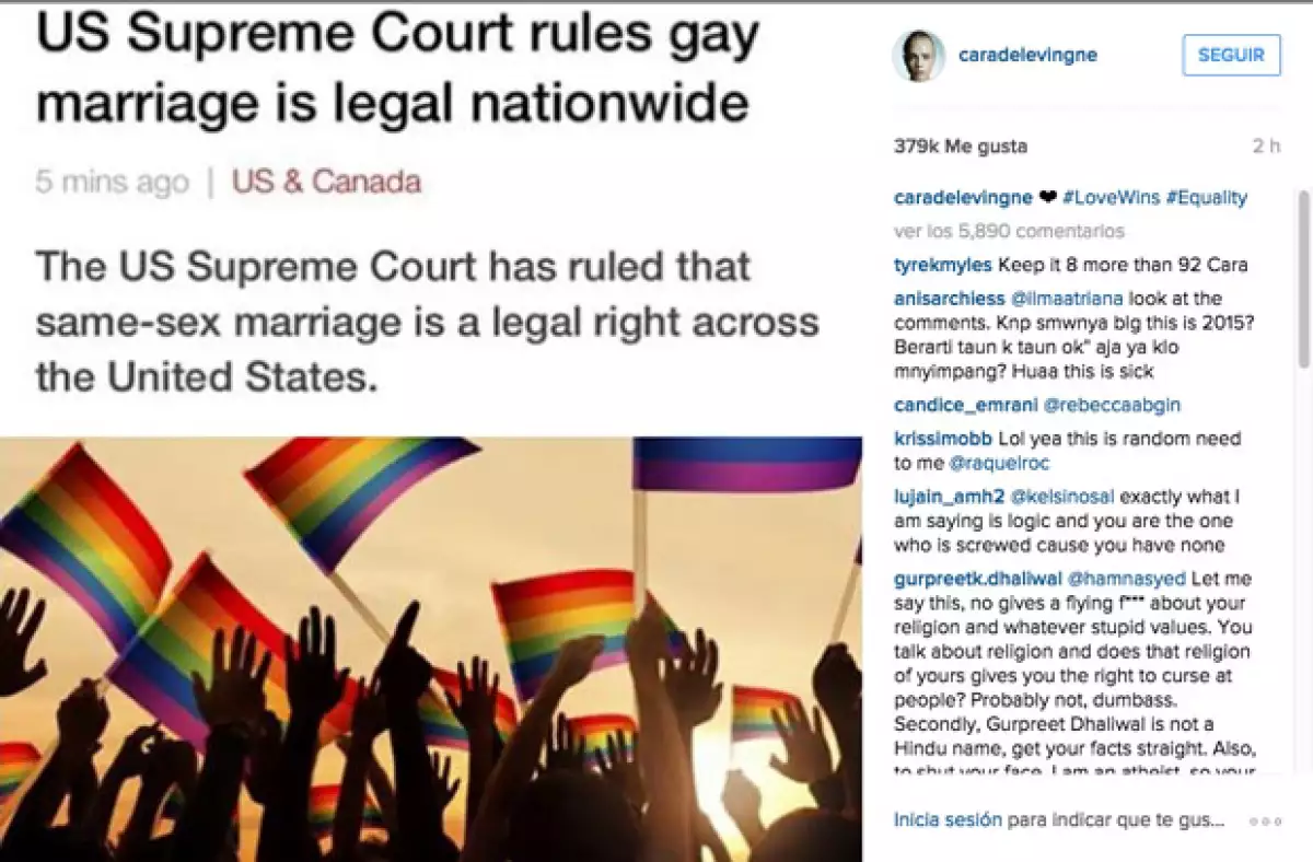 Cara Delevingne dio a conocer la noticia con el hashtag, Love Wins y Equiality.