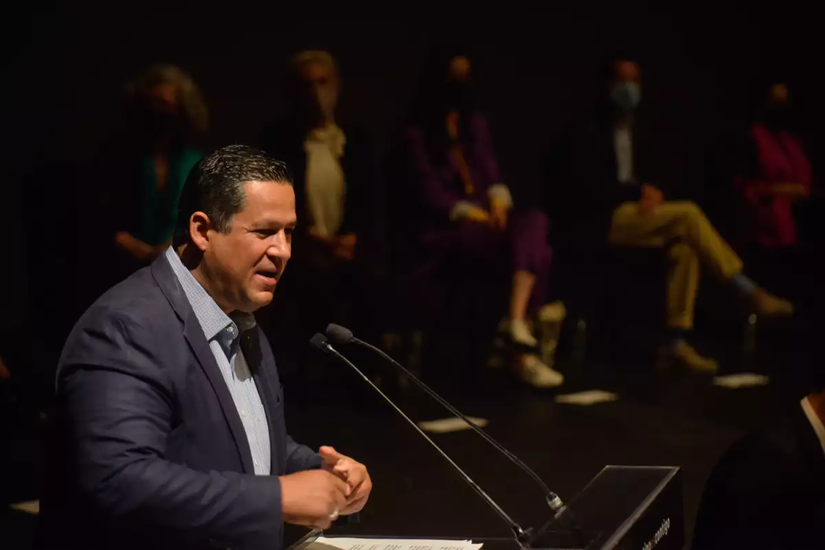 Diego Sinhue Rodríguez, gobernador de Guanajuato, durante la presentación de la edición 50 del Festival Internacional Cervantino, la cual tendrá como invitado internacional a la República de Corea, y la Ciudad de México como nacional.