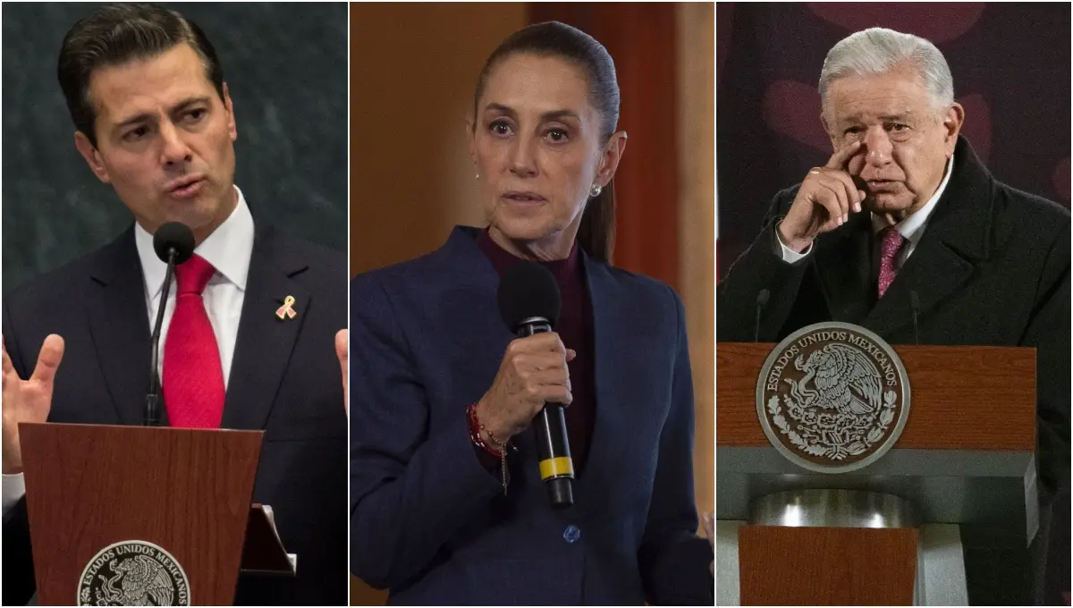 La presidenta Claudia Sheinbaum y los exmantarios Andrés Manuel López Obrador y Enrique Peña Nieto. 