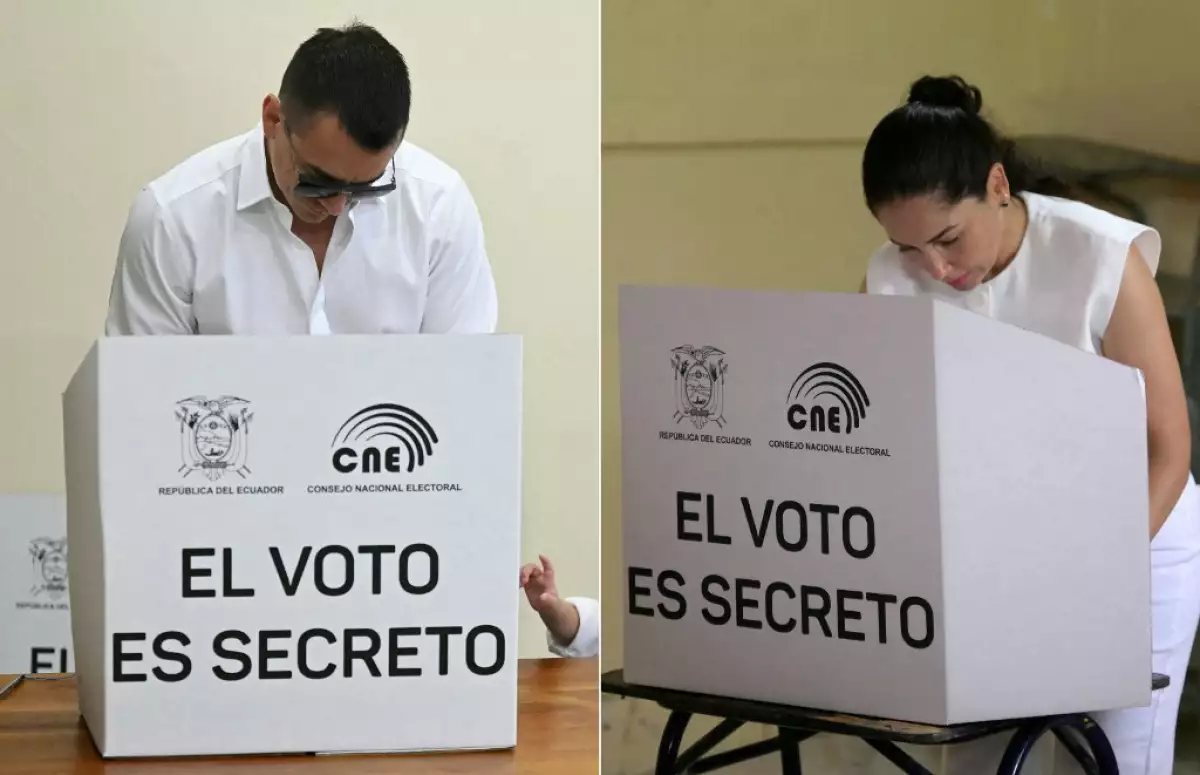 El presidente de Ecuador y candidato presidencial del partido Acción Democrática Nacional, Daniel Noboa (izba), votando acompañado por su hijo Álvaro en un colegio electoral de Olon, provincia de Santa Elena, Ecuador, el 9 de febrero de 2025, y la candidata presidencial de Ecuador para el partido Movimiento Revolucin Ciudadana, Luisa González, votando en un colegio electoral en Canuto, Ecuador, el 9 de febrero de 2025, durante las elecciones presidenciales. Unos 14 millones de ecuatorianos comenzaron a votar el domingo para decidir quién liderará a la nación andina devastada por la violencia a través de su peor crisis en medio siglo.