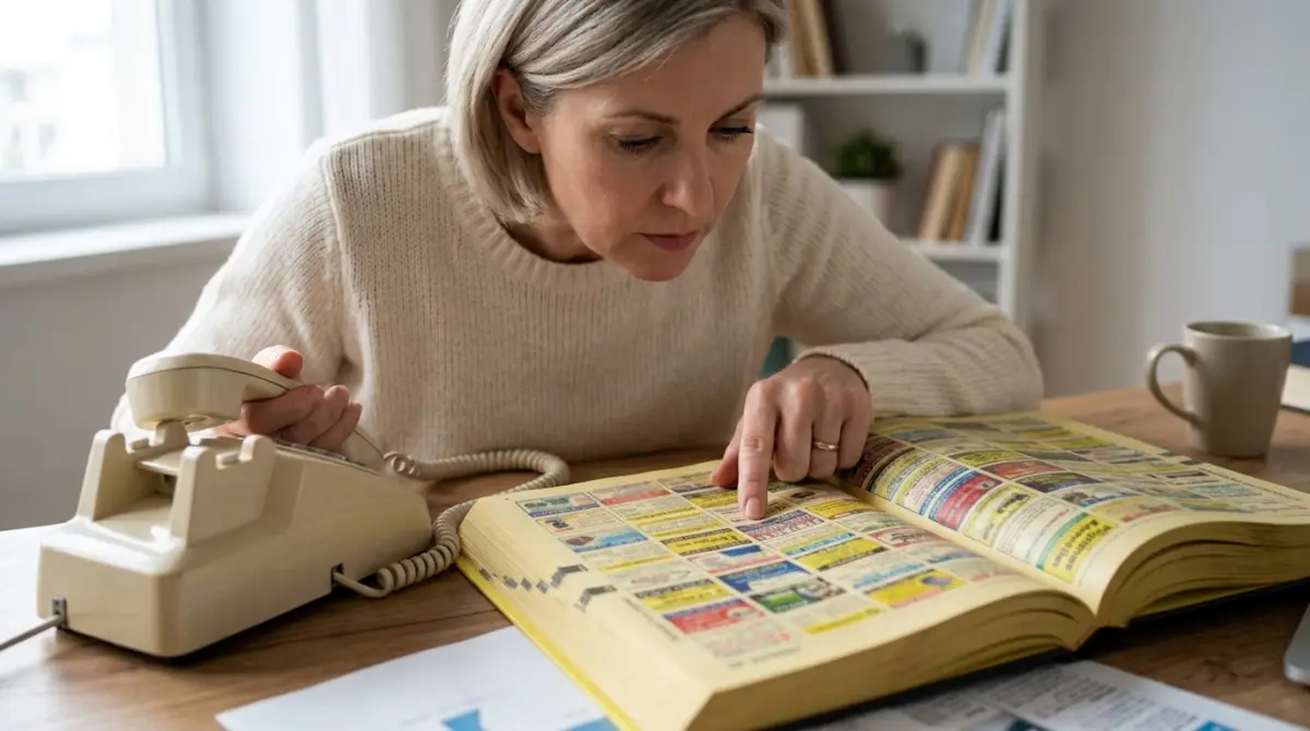 Mujer buscando contacto en la Sección Amarilla. Antes era muy famosa por sus grandes libros impresos de páginas amarillas que se repartían en los hogares y oficinas con teléfonos y direcciones.