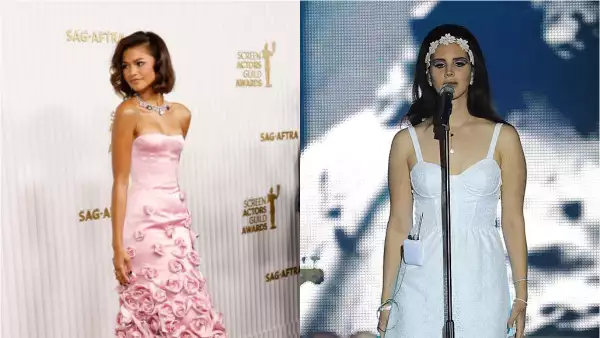 Fotos de Zendaya en un vestido rosa con flores y de Lana del Rey con vestido blanco y diadema de flores.