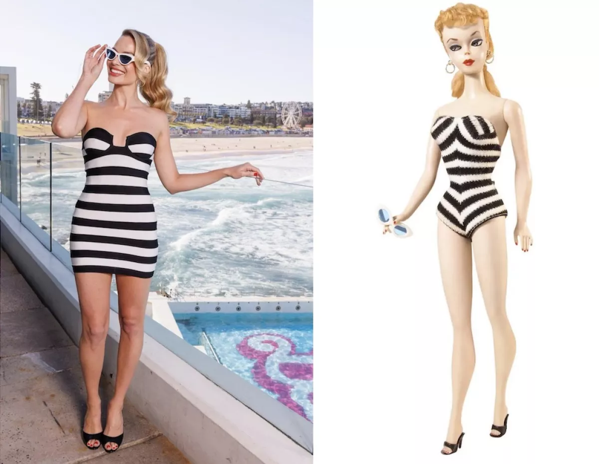 Margot Robbie vestida como Barbie de 1959.