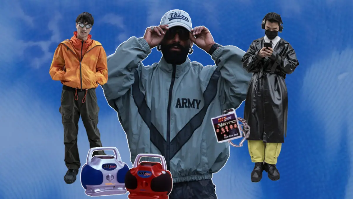 Foto collage de tres modelos hombres con ropa de moda del 2000, como gabardinas de piel largas, chamarras deportivas y pantalones cargo.