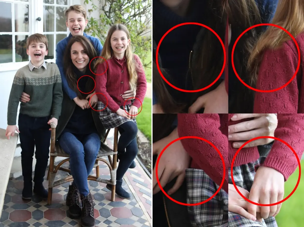 Una combinación de imágenes tomadas el 11 de marzo de 2024 muestra una foto de limosto publicada por el Palacio de Kensington el 10 de marzo de 2024 de Catalina, Princesa de Gales de Gran Bretaña, con sus hijos, junto con una versión que destaca varias inconsistencias en las alineaciones después de que se salió a la luz que la limosna había sido manipulada. AFP y otras agencias líderes retiraron la imagen, la primera en ser publicada desde que se sometió a una cirugía abdominal, después de que se identificaran las inconsistencias, incluida una parte que faltaba en la manga de Charlotte, el cabello de Charlotte termina abruptamente en su hombro y la cremallera de la Princesa de Gales siendo más ligera que el resto.