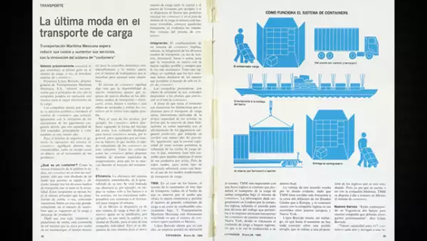 Otro de reportaje principal del primer número abordaba el “novedoso” sistema de contenedores: “Un container es un recipiente diseñado de tal modo que permite su rápido y eficiente manejo por todos los medios de transporte”.