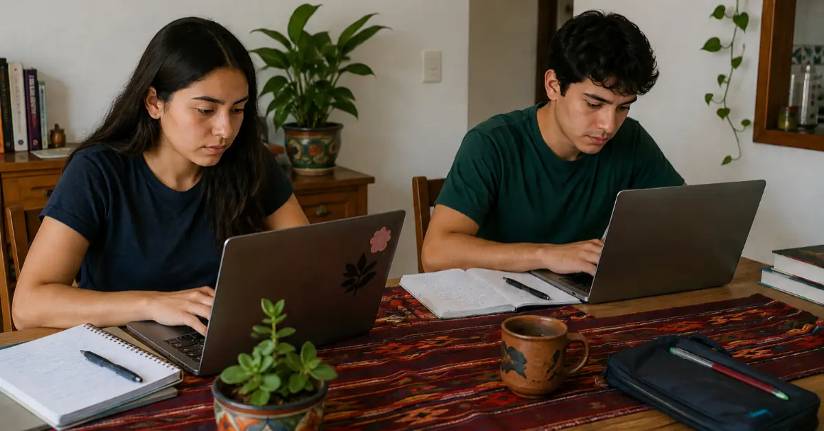 Dós jóvenes, un hombre y una mujer sentados en una mesa frente a dos computadoras.jpg