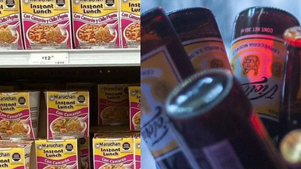 De lado izquierdo un estand con sopas marucha y del lado izquierdo varias cervezas. 