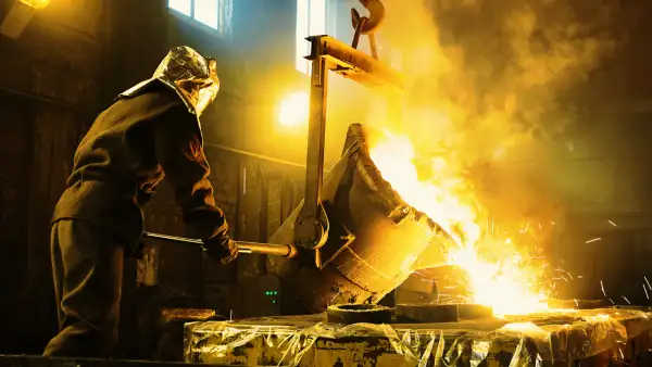 Trabajador en una planta metalúrgica en zona de hornos de fusión de metales.