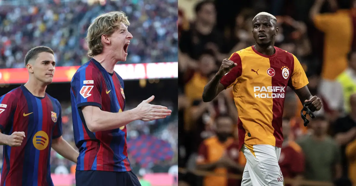 Composición con jugadores del Barcelona y del Galatasaray durante partidos de futbol, vestidos con los uniformes de ambos clubes.