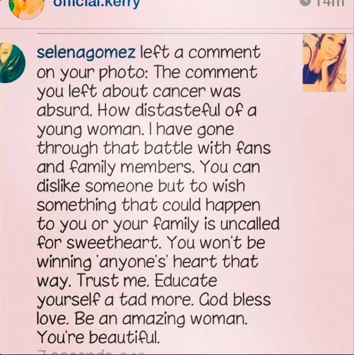 Este fue el mensaje que Selena publicó contra la usuaria de la red.