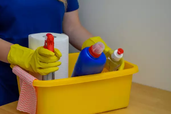 Cleaning products in a container