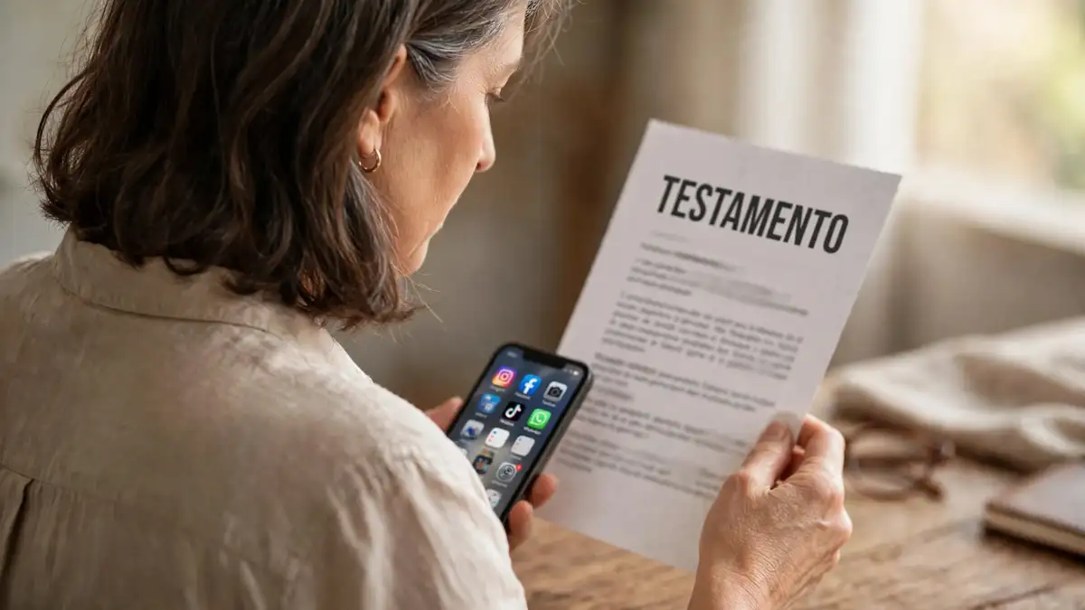 Una mujer de espaldas sosteniendo su hoja de testamento y su celular, mientras los ve con detenimiento.