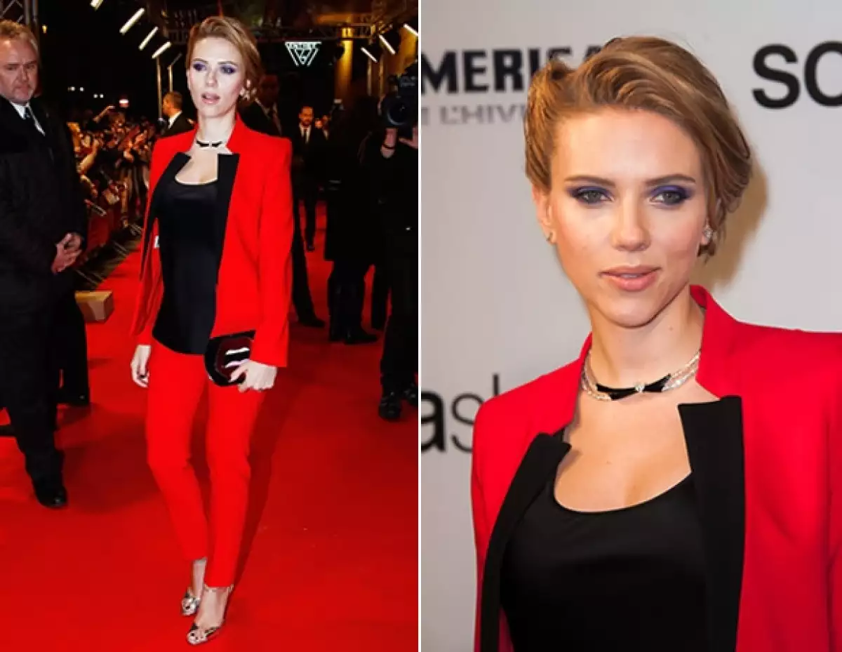 En la premiere de el Capitan America: The Winted Soldier en París optó por un look tuxedo en color rojo.