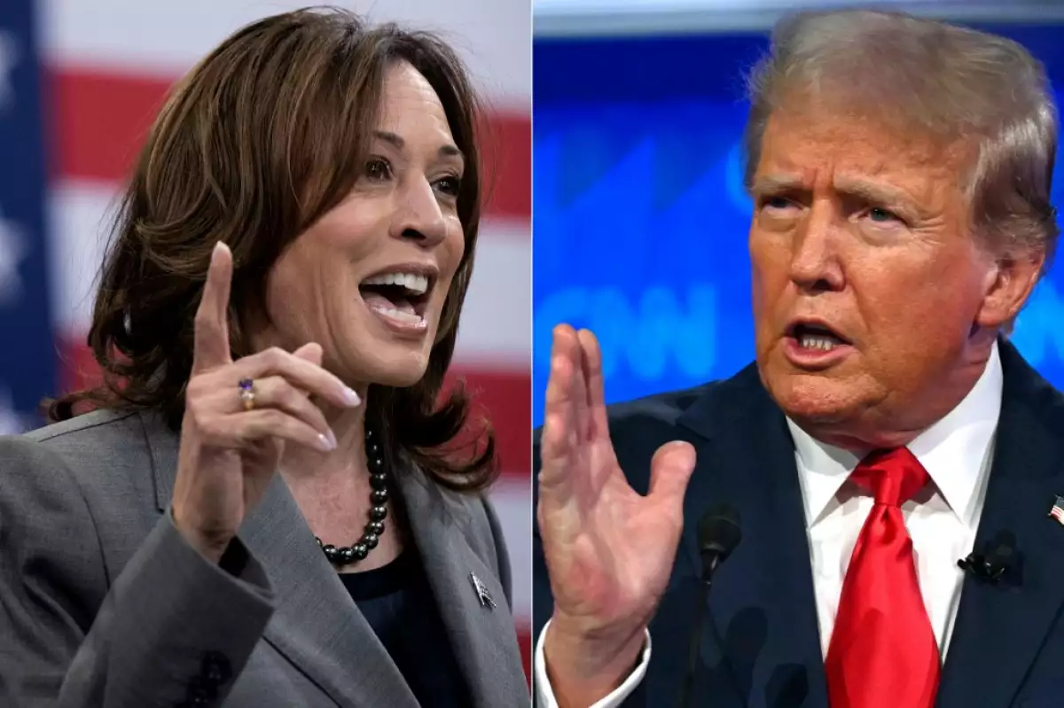 Su combinación de imágenes de archivo creadas el 3 de agosto de 2024 muestra al vicepresidente de los Estados Unidos y al candidato presidencial demócrata de 2024, Kamala Harris, hablando el 26 de marzo de 2024, en Raleigh, Carolina del Norte; y al expresidente de los Estados Unidos y candidato presidencial republicano Donald Trump hablando en el primer debate presidencial con el presidente de EE. UU. Joe Biden en Atlanta, Georgia, el 27 de junio de 2024.